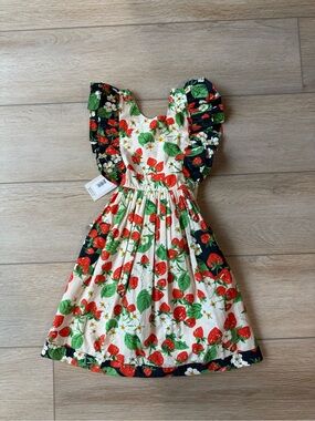 Cara Cara Strawberry Print Ruffle Sleeve Dress - Red Green Black